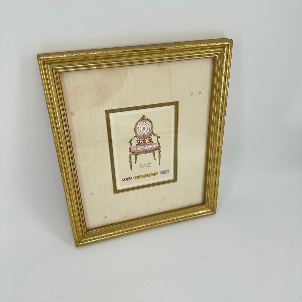 Vintage Framed Art Print English Style XVIII Century Chair Gold Frame Pink Mat